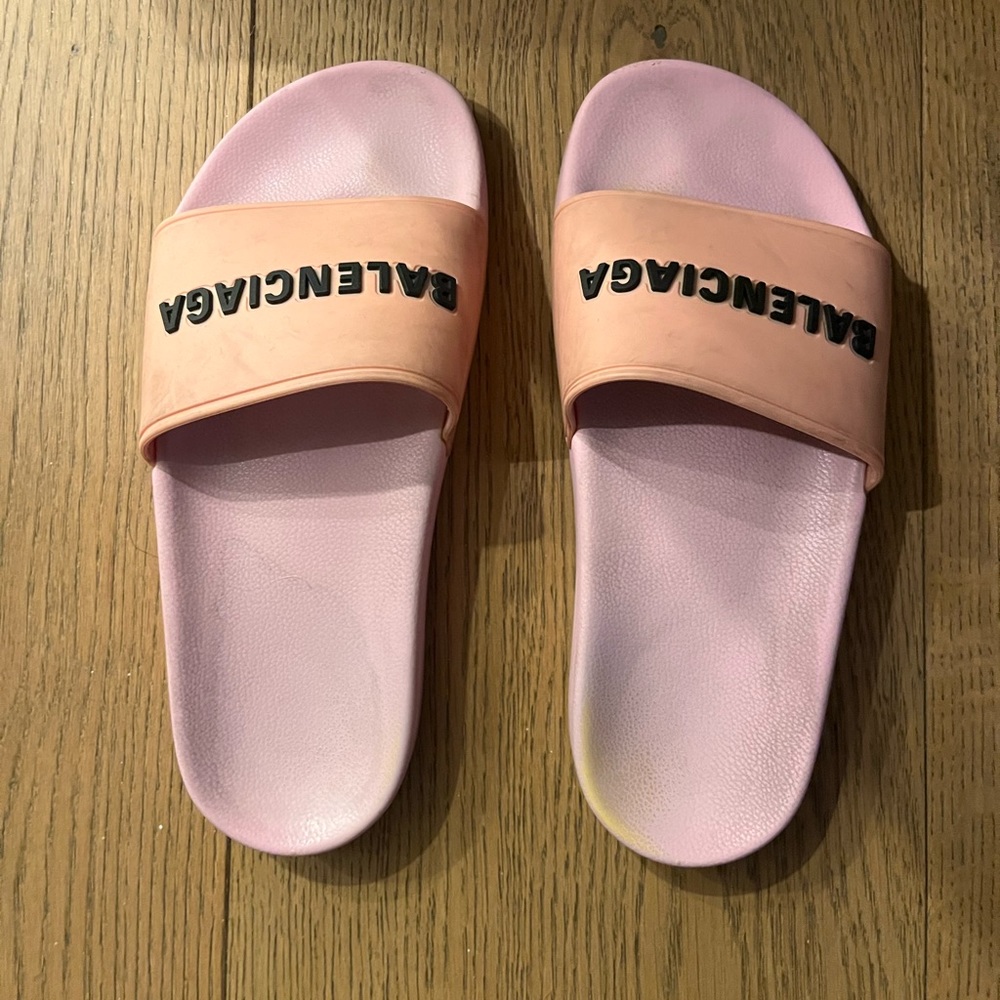 Balenciaga Rubber Pool Slides, Size 6, Pink/Black Logo